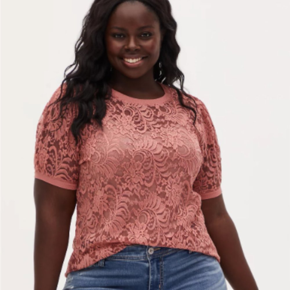 NWT Torrid Dusty Coral Puff Sleeve Lace T-Shirt